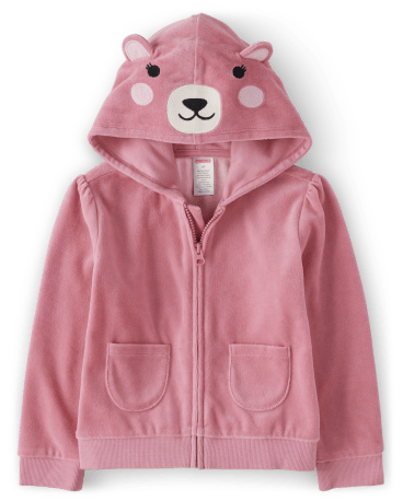 Girls Velour Embroidered Bear Hoodie - Bear Hugs