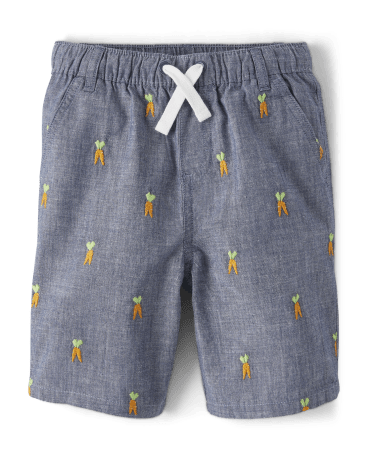 Boys Embroidered Carrot Chambray Pull On Shorts - Little Sprout