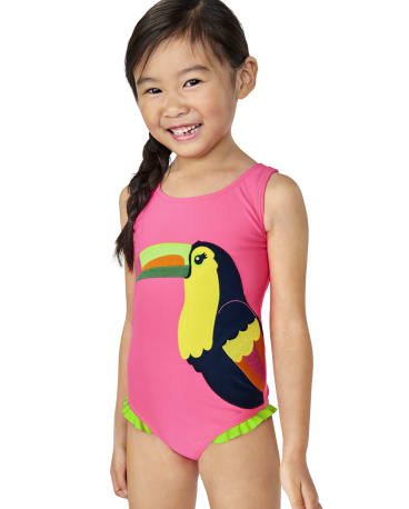 Girls Embroidered Toucan One Piece Swimsuit - Aloha