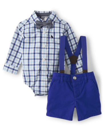 Baby Boys Dad And Me Plaid Button Up Bodysuit And Chino Shorts Set - Blue Belle