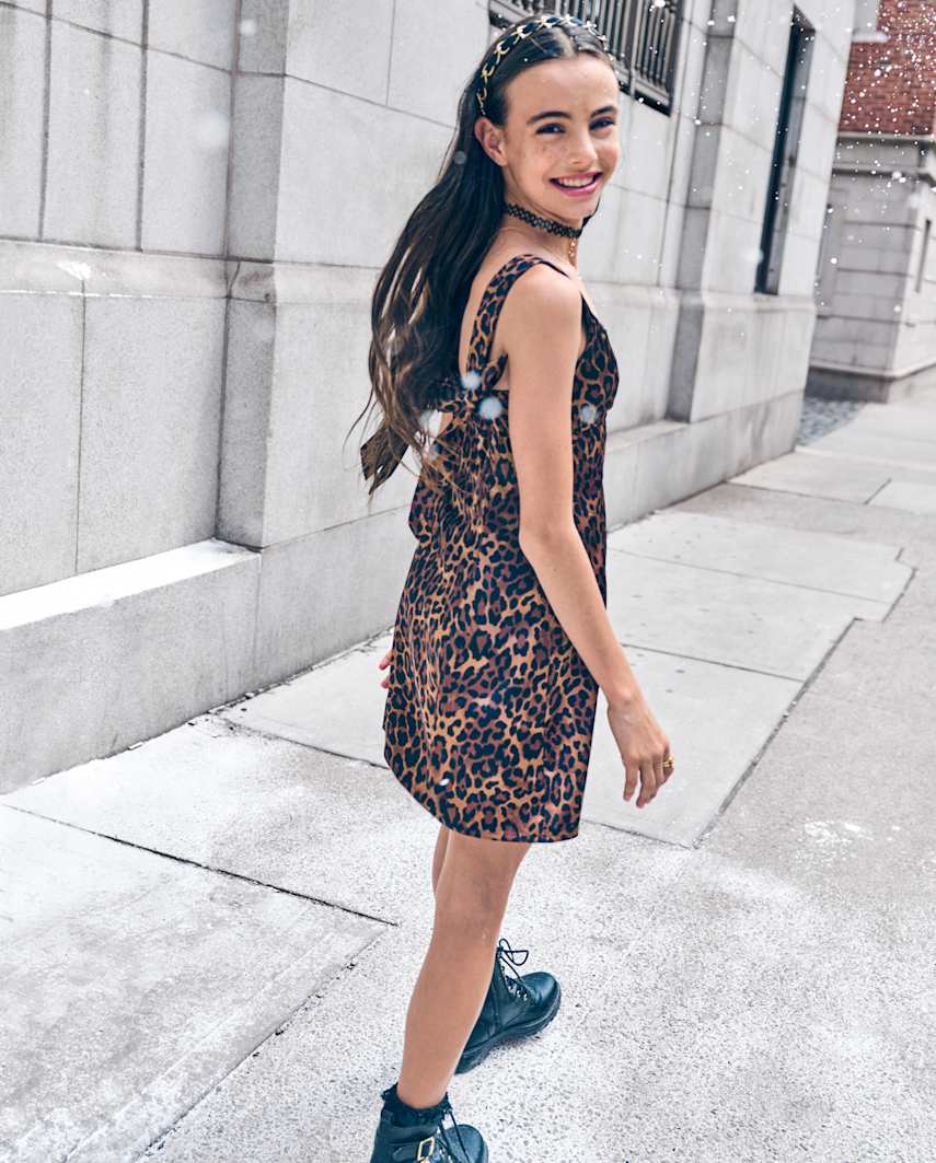 Sugar and Jade Tween Girls Leopard Satin Dress | Size 8 | Brown | Polyester/Spandex