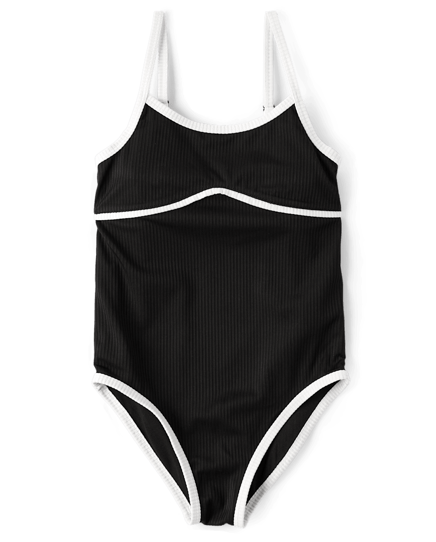 Sugar and Jade Tween Girls Contrast Ribbed One Piece Swimsuit | Size Large (12/14) | Black