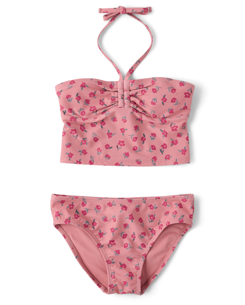 Sugar and Jade Tween Girls Floral Halter Longline Bikini Swimsuit | Size XXL(20/22) | Pink