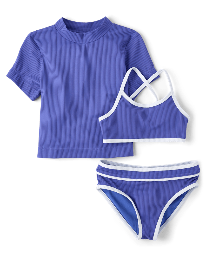 Sugar and Jade Tween Girls Contrast Ribbed 3-Piece Swimsuit | Size Large (12/14) | Blue
