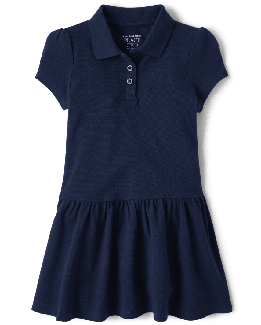 The Children's Place Toddler Girls Uniform Soft Pique Polo Dress | Size 3T | Blue | Cotton
