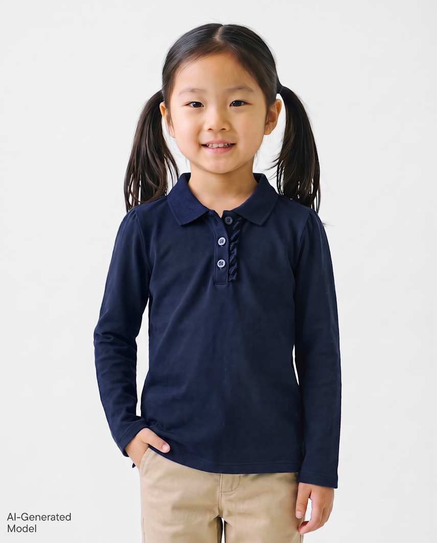 The Children's Place Toddler Girls Uniform Ruffle Soft Stretch Pique Polo | Size 5T | Blue | 100% Cotton
