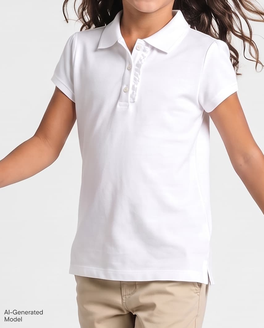 The Children's Place Girls Uniform Ruffle Soft Stretch Pique Polo | Size Large (10/12) | White | 100% Cotton
