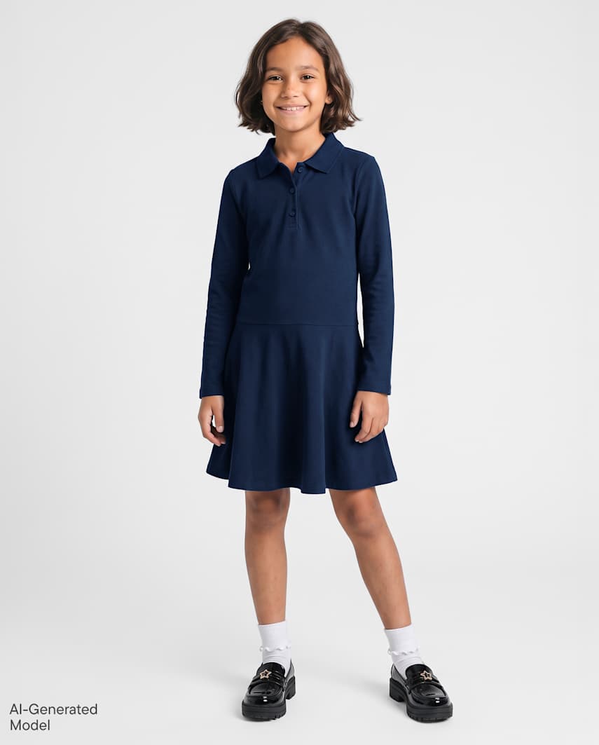The Children's Place Girls Uniform Soft Pique Polo Dress | Size Large (10/12) | Blue | 100% Cotton