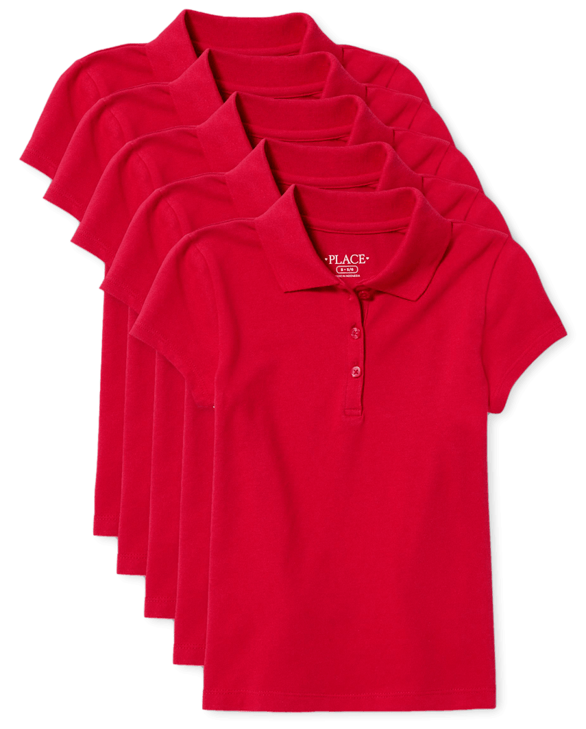 The Children's Place Girls Uniform Soft Stretch Pique Polo 5-Pack | Size Large(10P-12P) | Red | 100% Cotton