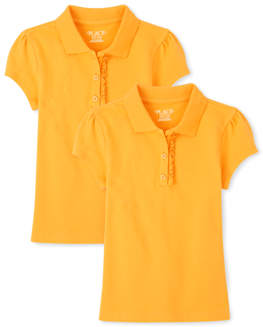 The Children's Place Girls Uniform Ruffle Soft Stretch Pique Polo 2-Pack | Size 2XL (16) | Yellow | 100% Cotton