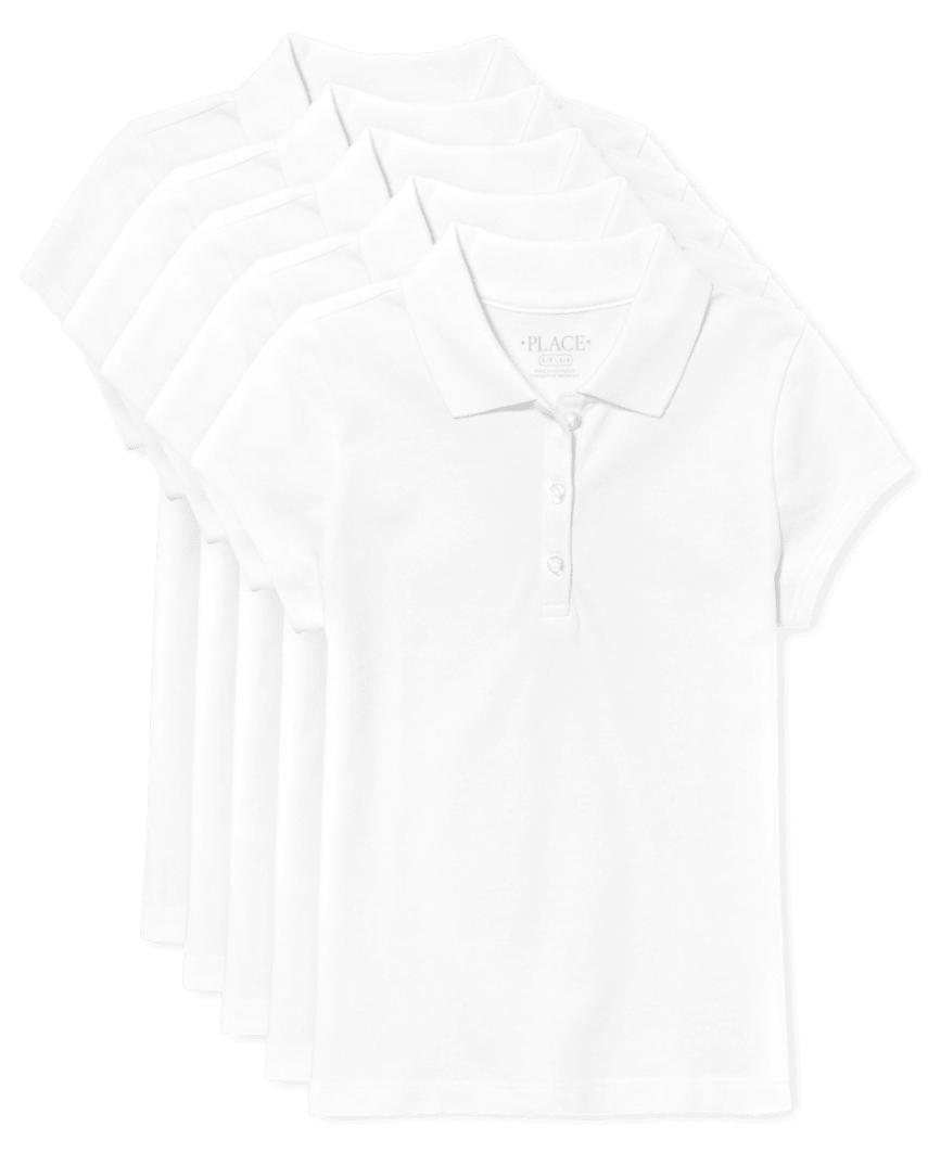 The Children's Place Girls Uniform Ruffle Soft Stretch Pique Polo 5-Pack - Plus | Size XL(14P) | White | 100% Cotton