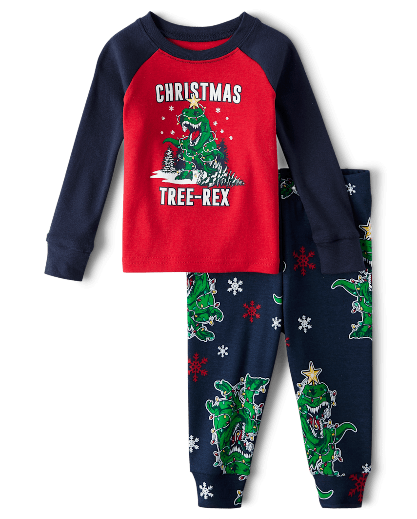The Children's Place Baby And Toddler Matching Family Glow Christmas Tree-Rex Snug Fit Cotton Pajamas | Size 0-3 M | Blue