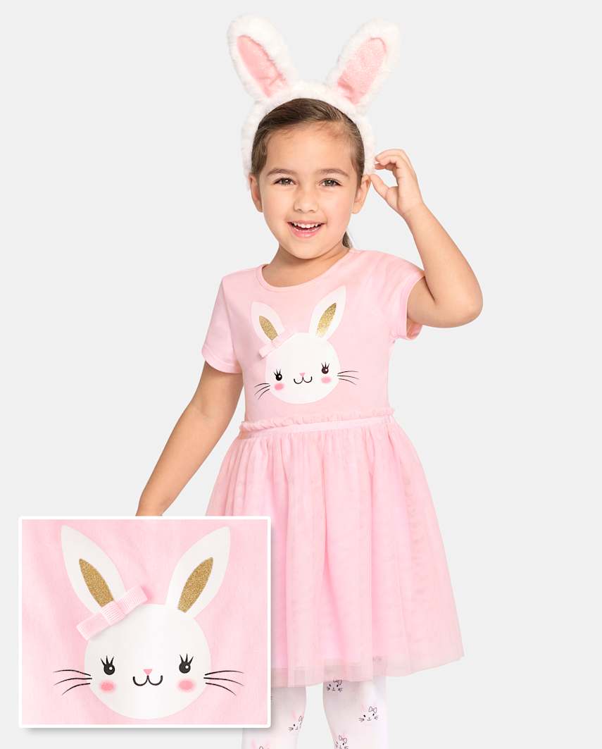 The Children's Place Toddler Girls Bunny Mesh Tutu Dress | Size 12-18 M | Pink | Cotton