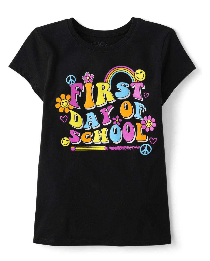 The Children's Place Girls First Day Of School Graphic T-Shirt | Size Medium (7/8) | Black | 100% Cotton