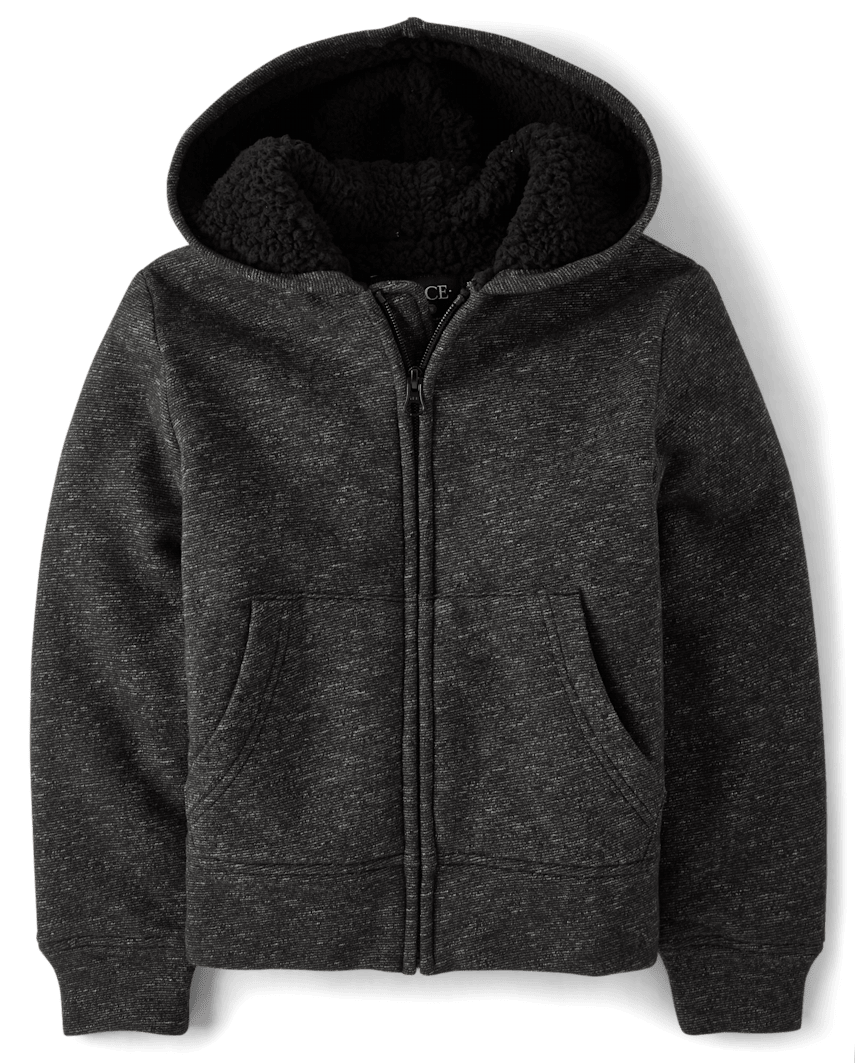 The Children's Place Boys Fleece Sherpa Lined Zip Up Hoodie | Size Small (5/6) | Black | Cotton