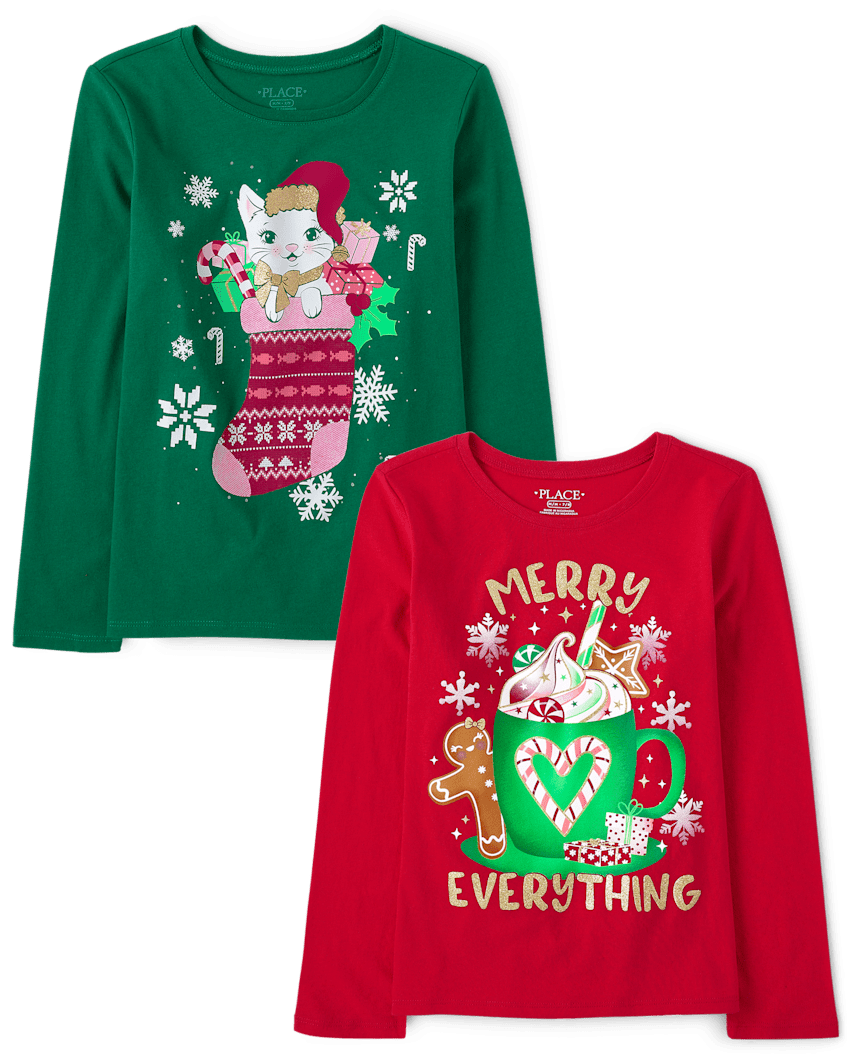 The Children's Place Girls Christmas Graphic T-Shirt 2-Pack | Size Large (10/12) | Cotton/Polyester
