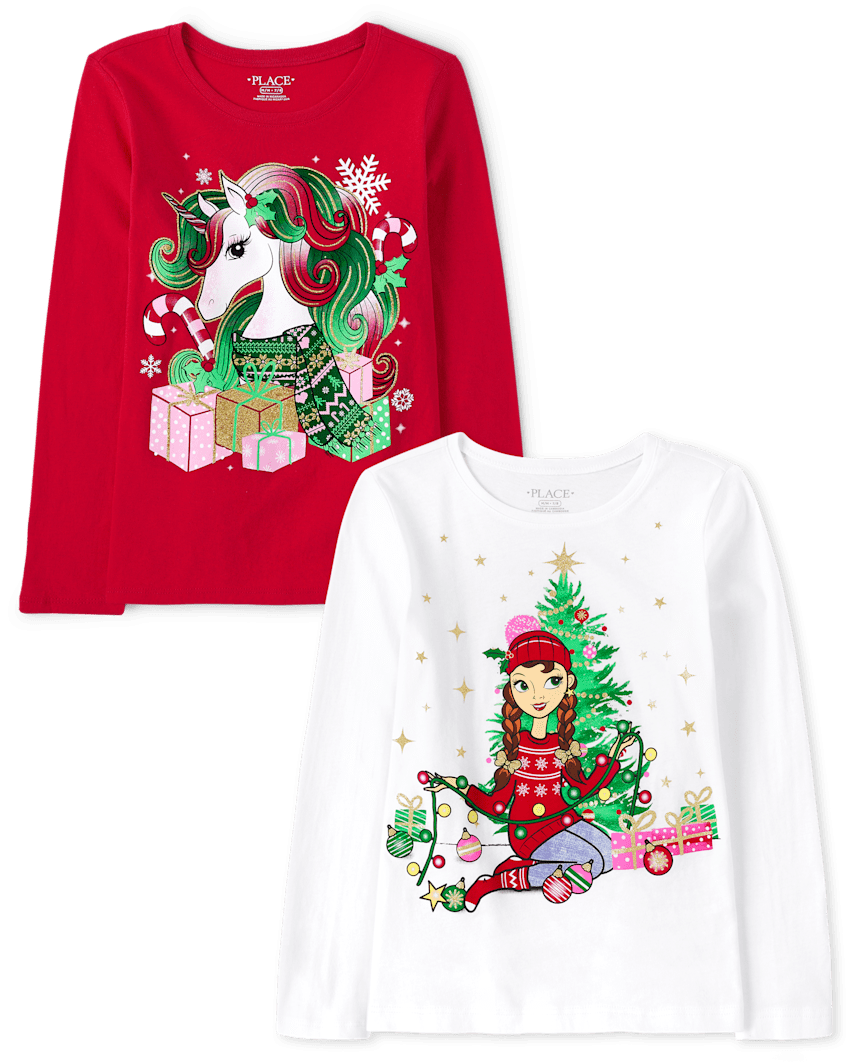 The Children's Place Girls Christmas Graphic T-Shirt 2-Pack | Size XL (14) | Cotton/Polyester