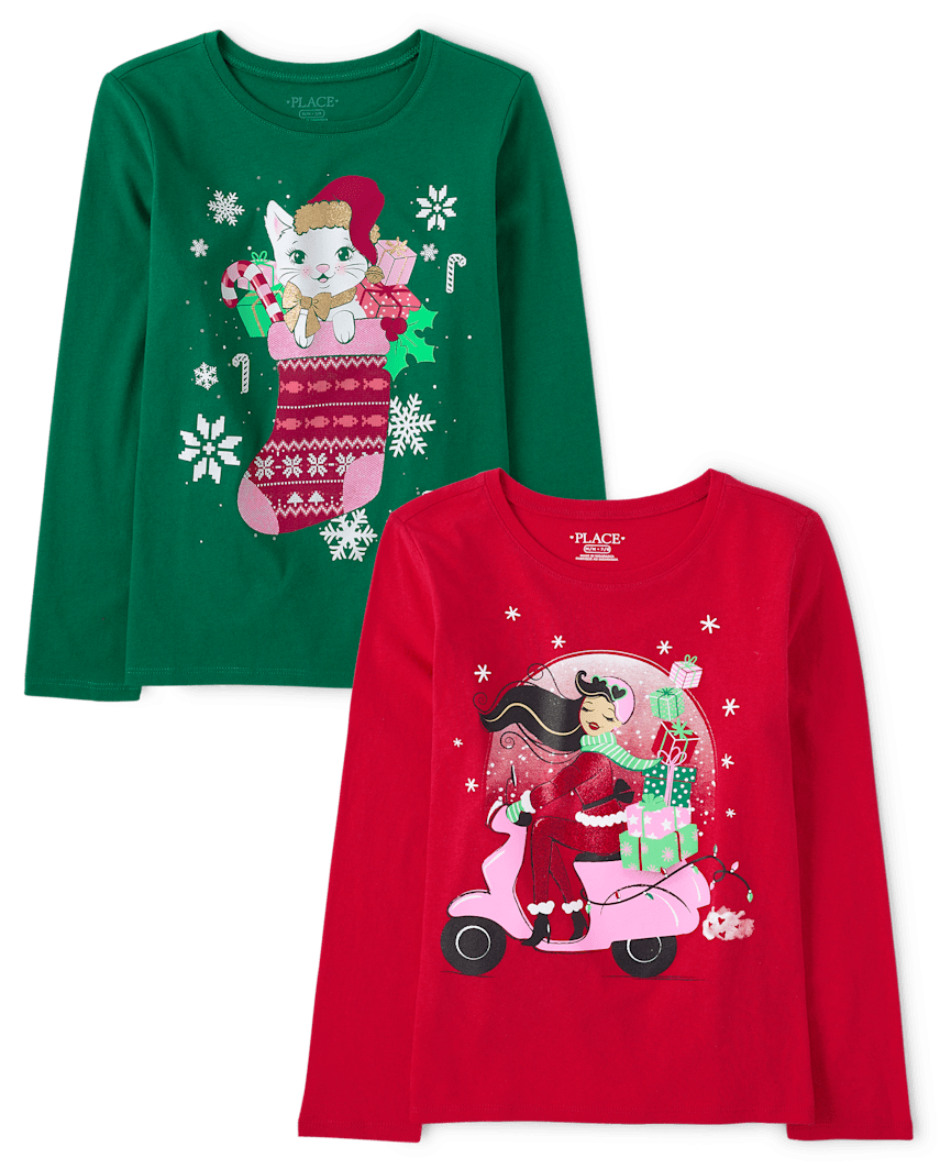 The Children's Place Girls Christmas Graphic T-Shirt 2-Pack | Size 2XL (16) | Cotton/Polyester
