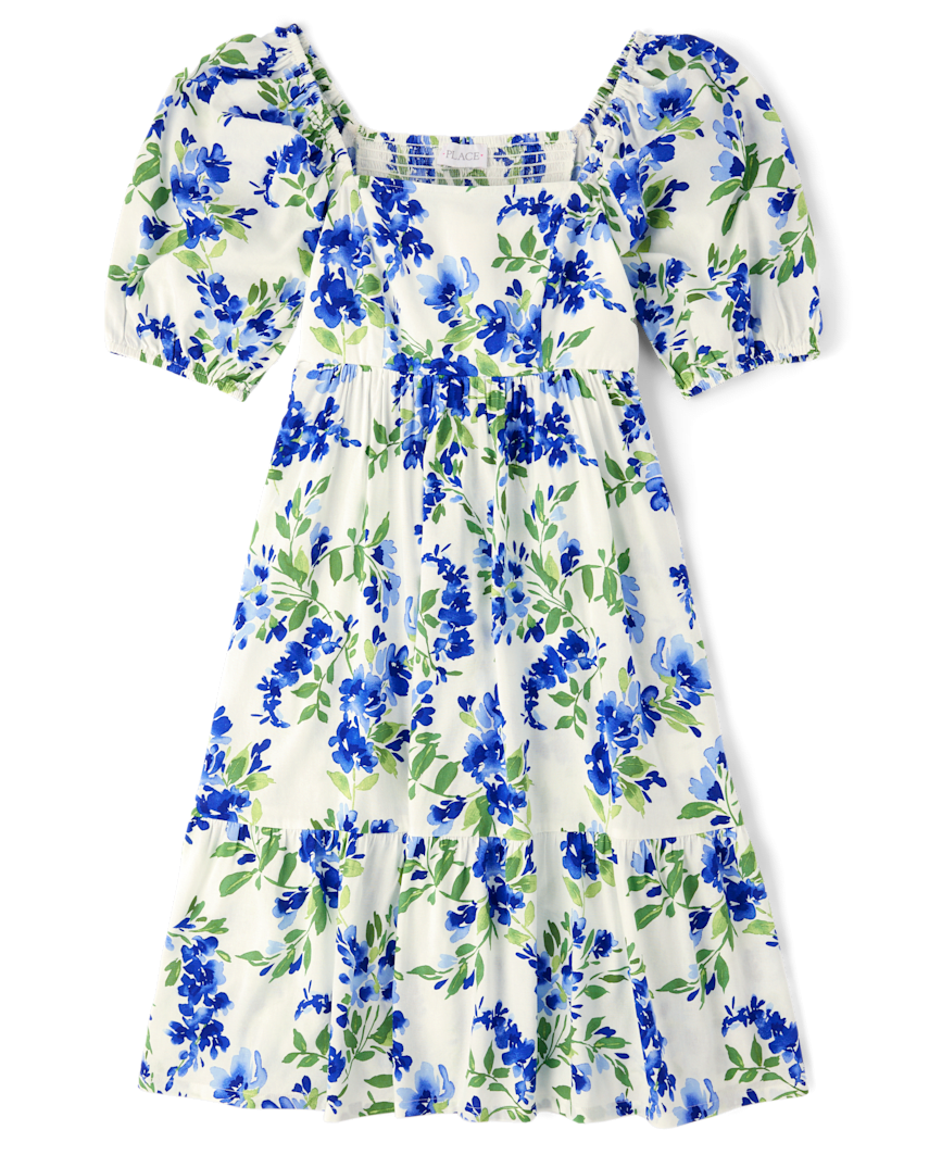 The Children's Place Womens Mommy And Me Floral Ruffle Dress | Size Medium | Blue | Cotton/Polyester/Rayon
