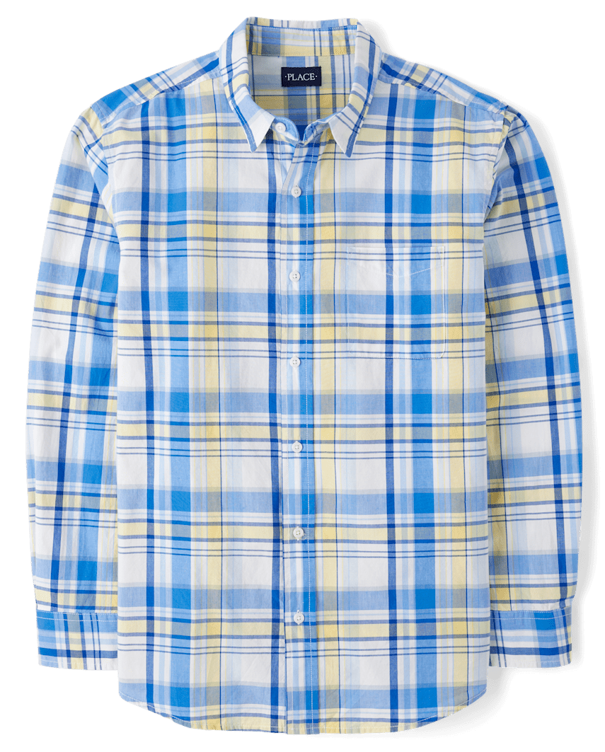 The Children's Place Mens Dad And Me Plaid Poplin Button Up Shirt | Size 2XL | Yellow | 100% Cotton