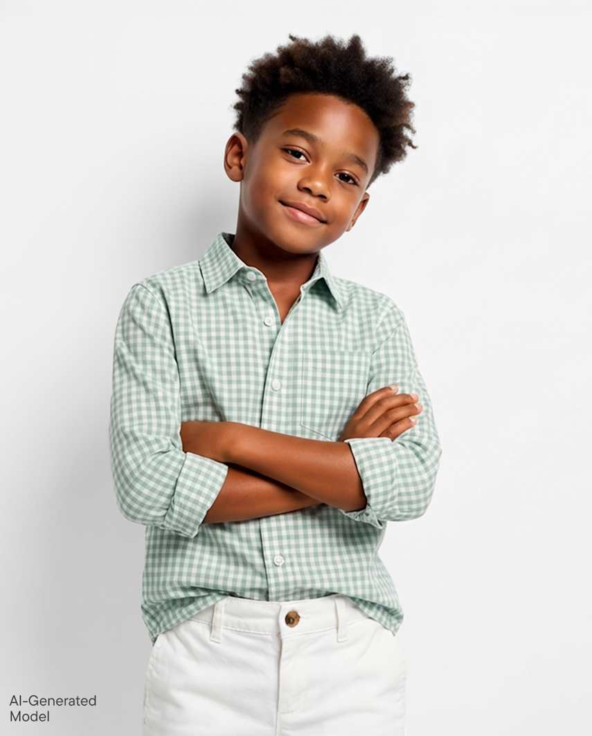 The Children's Place Boys Dad And Me Gingham Poplin Button Up Shirt | Size Small (5/6) | Green | 100% Cotton