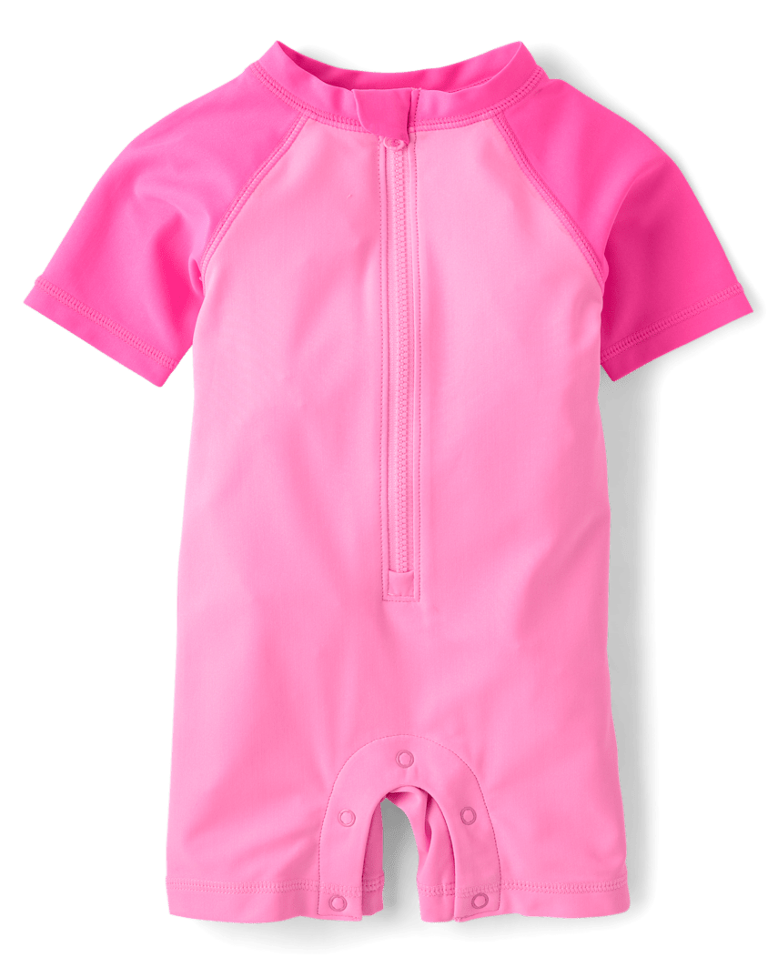 The Children's Place Baby Girls Colorblock Rashguard One Piece Swimsuit | Size 3-6 M | Pink | Polyester/Spandex