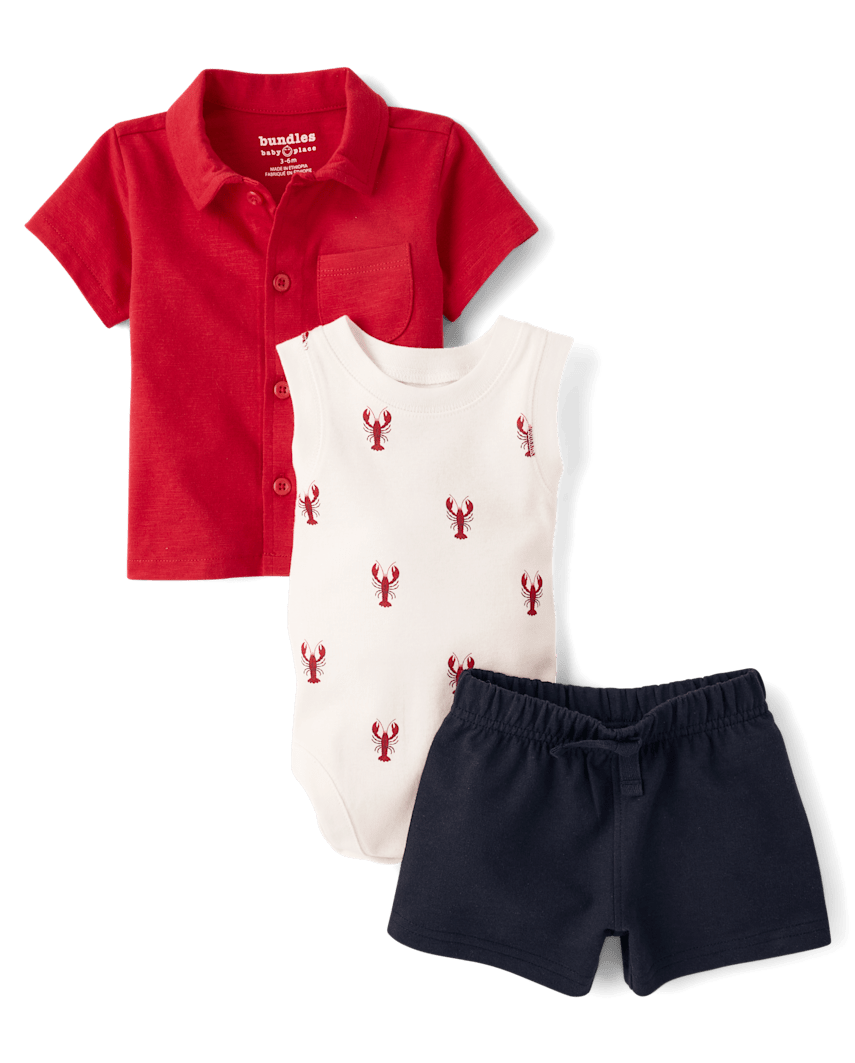 The Children's Place Baby Boys Lobster 3-Piece Outfit Set | Size 9-12 M | White | 100% Cotton