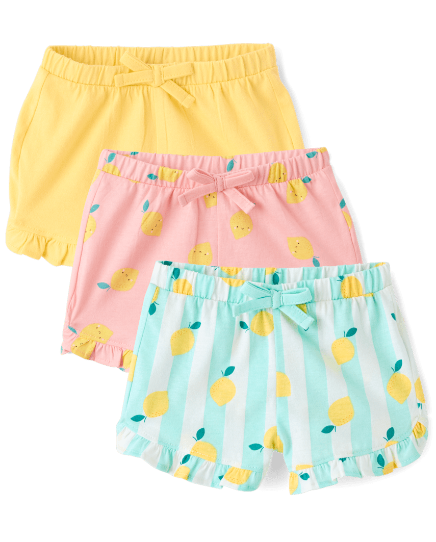 The Children's Place Baby Girls Lemon Ruffle Shorts 3-Pack | Size 0-3 M | Blue | 100% Cotton