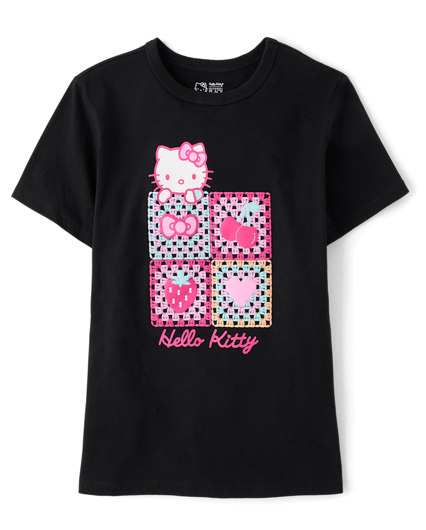 The Children's Place Girls Hello Kitty® Puff Print Crochet Relaxed Graphic T-Shirt | Size XS (4) | Black | Cotton/Polyester