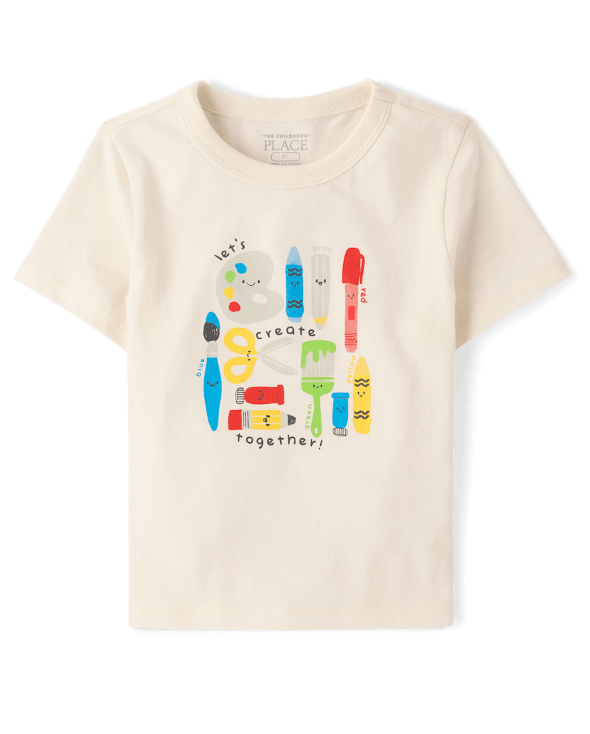The Children's Place Baby And Toddler Boys Art Supplies Graphic T-Shirt | Size 4T | Cream | Cotton/Polyester