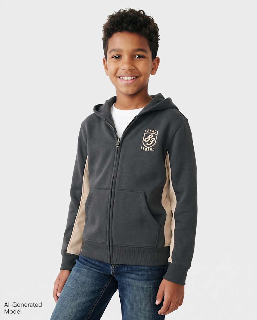 The Children's Place Boys Contrast Varsity Premium Fleece Zip Up Hoodie | Size 2XL (16) | Gray | Cotton/Polyester/Spandex