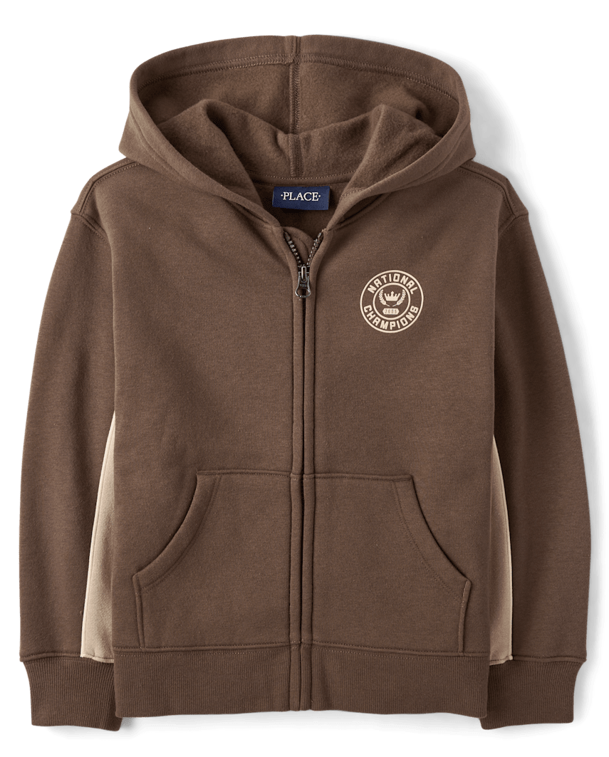 The Children's Place Boys Contrast Varsity Premium Fleece Zip Up Hoodie | Size 2XL (16) | Brown | Cotton/Polyester/Spandex