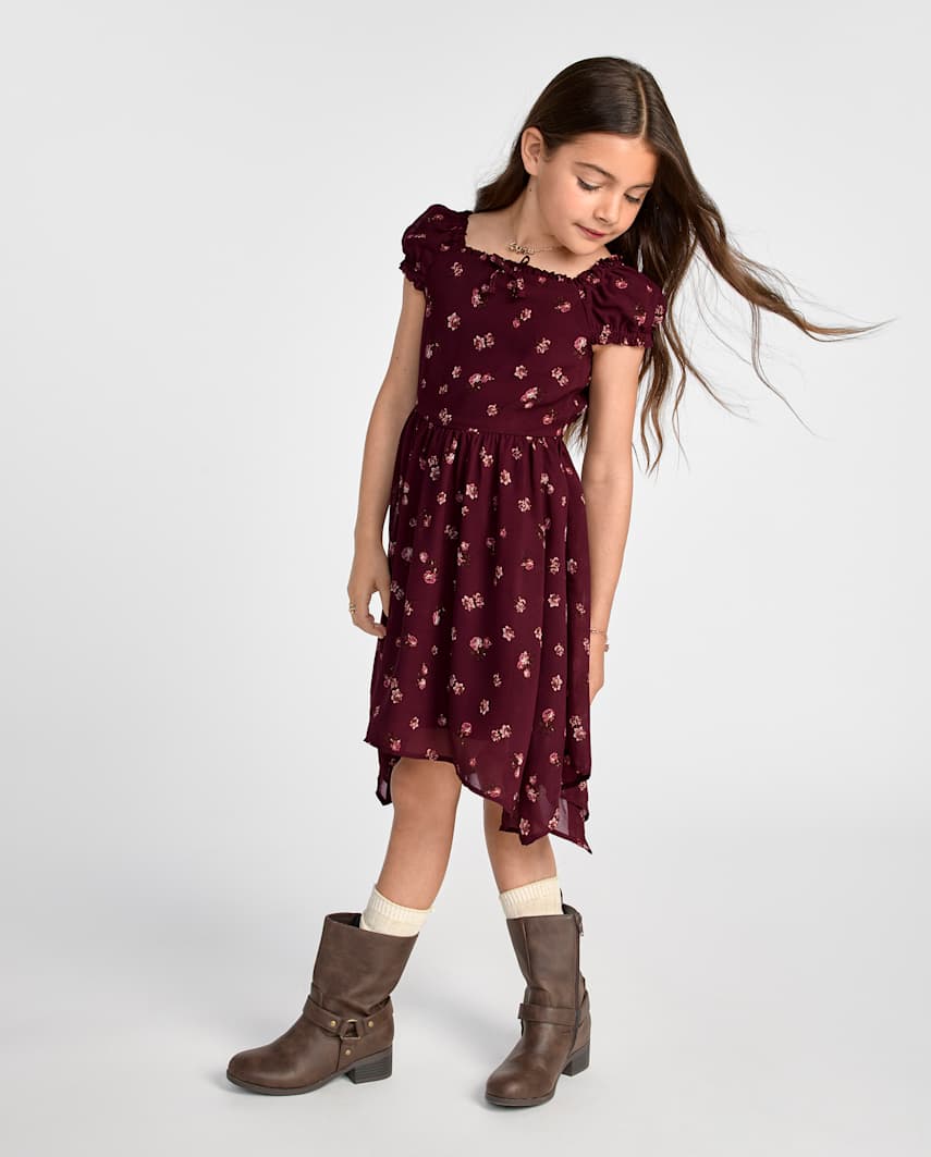 The Children's Place Girls Floral Chiffon Hanky Hem Dress | Size Medium (7/8) | Burgundy