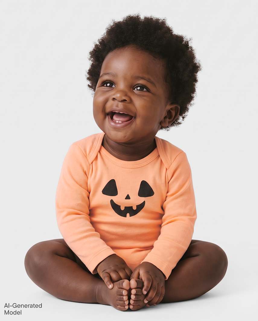 The Children's Place Baby Halloween Pumpkin Face Graphic Bodysuit | Size 9-12 M | Coral | Cotton/Polyester