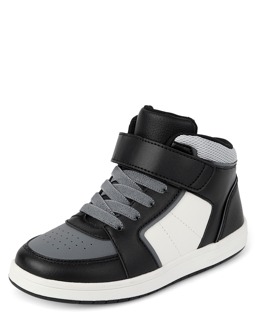 The Children's Place Boys Colorblock Mid Top Sneakers | Size YOUTH 1 | Black | 100% Faux Leather