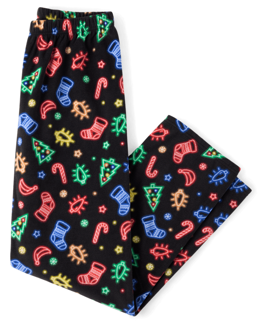 The Children's Place Adult Matching Family Neon Christmas Icon Dream Fleece Pajama Pants | Size XS | Black | 100% Polyester Microfleece