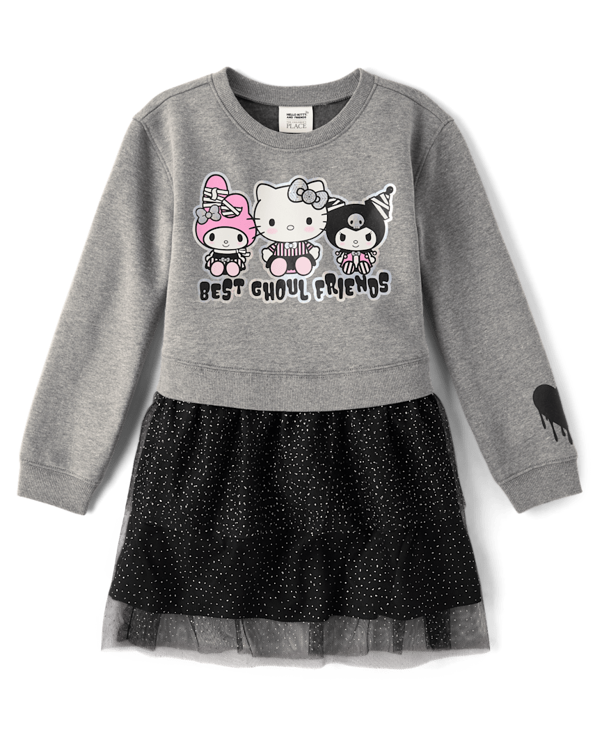 The Children's Place Girls Hello Kitty® And Friends Foil Halloween Sweatshirt Dress | Size Large (10/12) | Gray | Cotton
