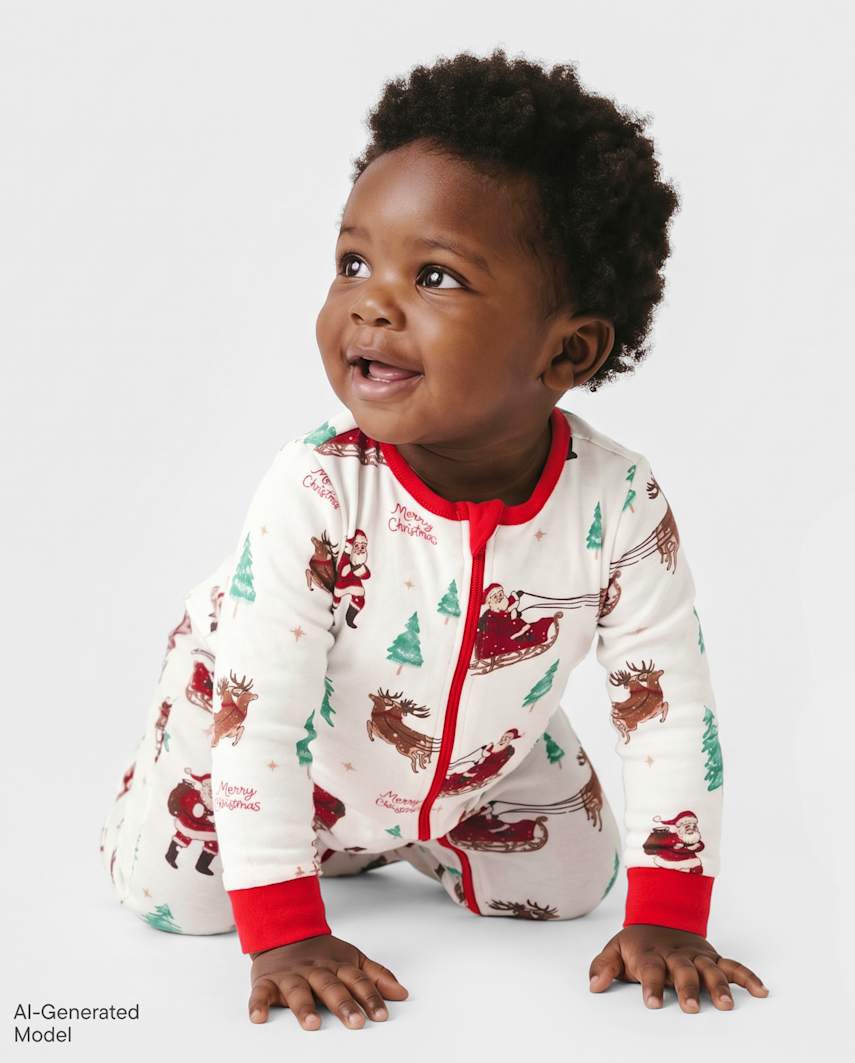 The Children's Place Baby Matching Family Santa Sleigh Snug Fit Cotton Footed One Piece Pajamas | Size 3-6 M | White