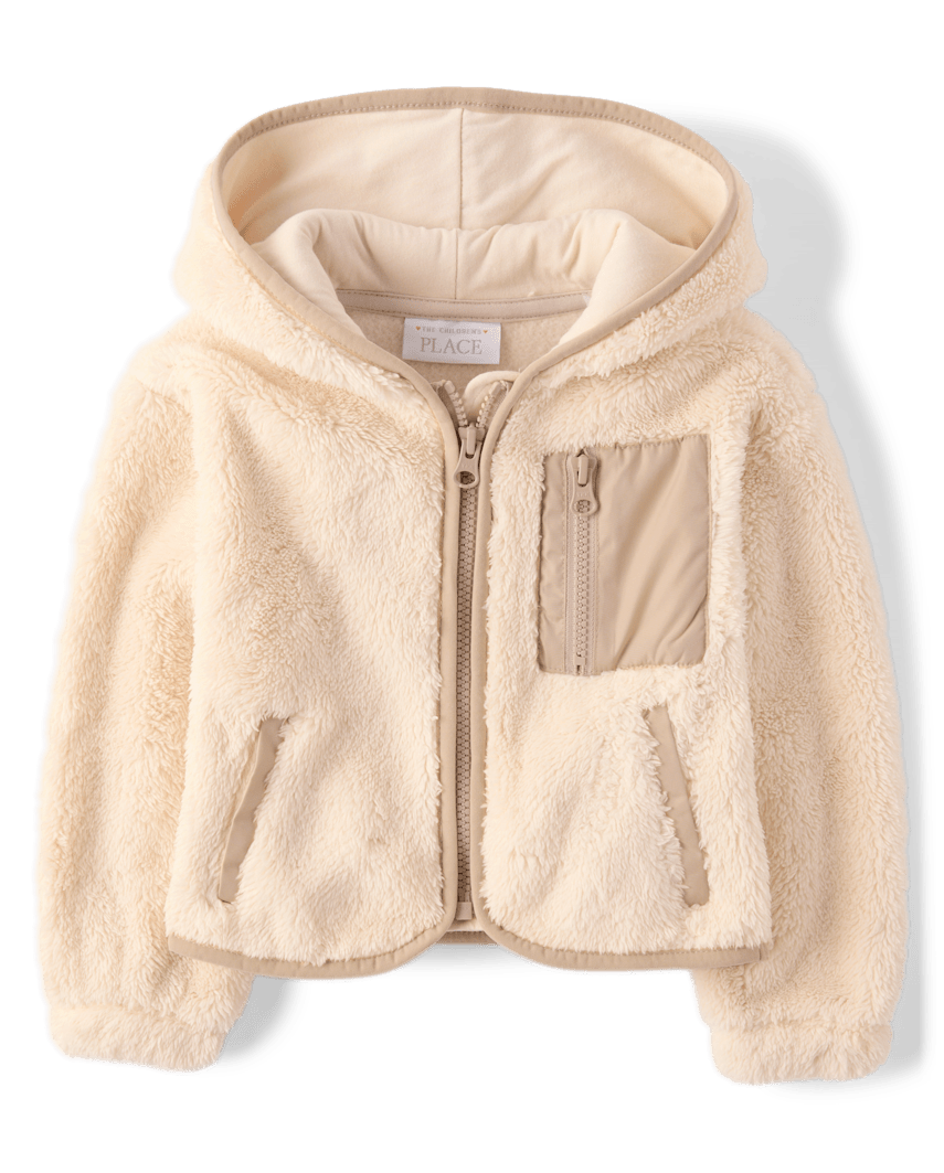 The Children's Place Toddler Girls Heavyweight Sherpa Zip Up Hoodie | Size 5T | Cream | Cotton