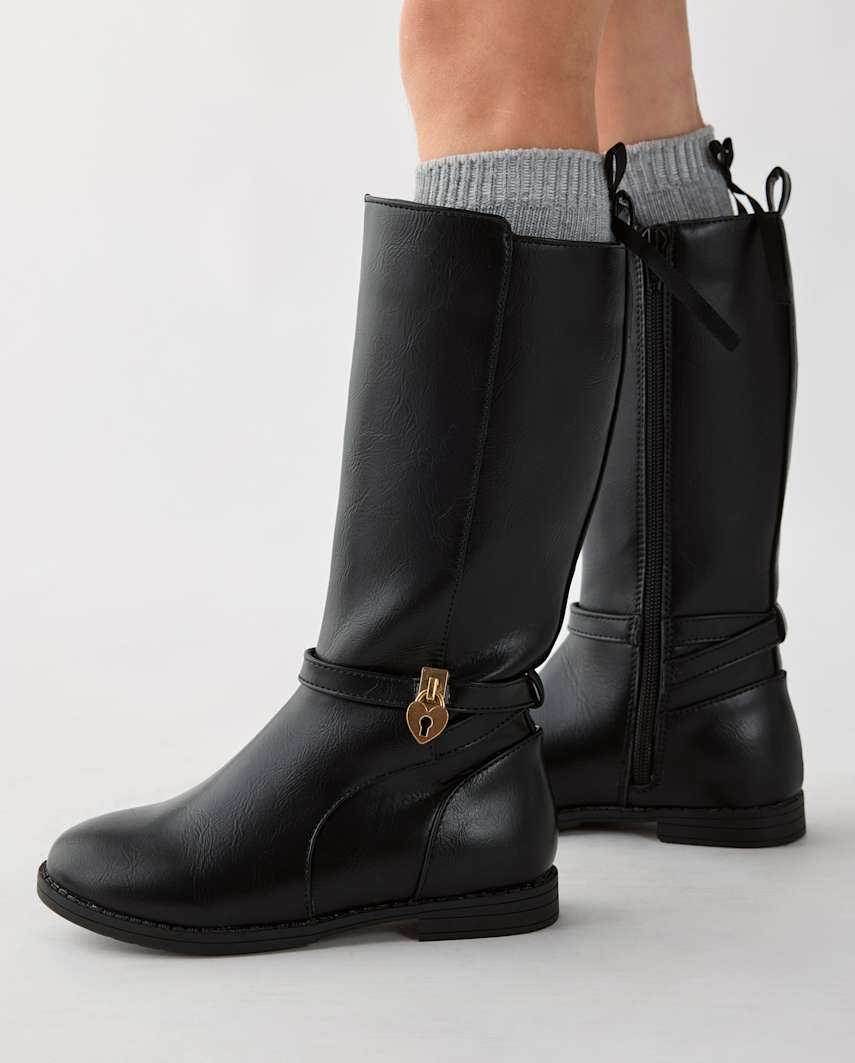 The Children's Place Girls Heart Charm Tall Boots | Size YOUTH 6 | Black | 100% Faux Leather