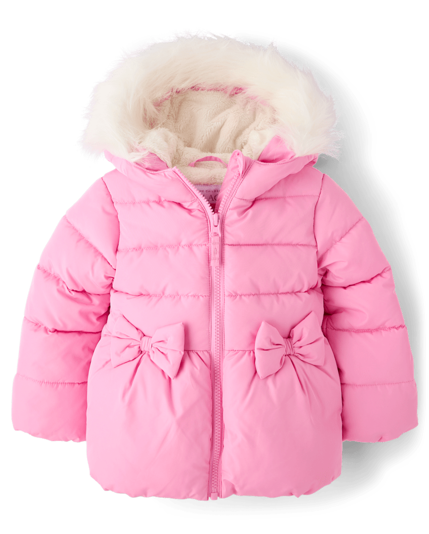 The Children's Place Toddler Girls Bow Faux Fur Lined Bubble Puffer Jacket | Size 18-24 M | Pink