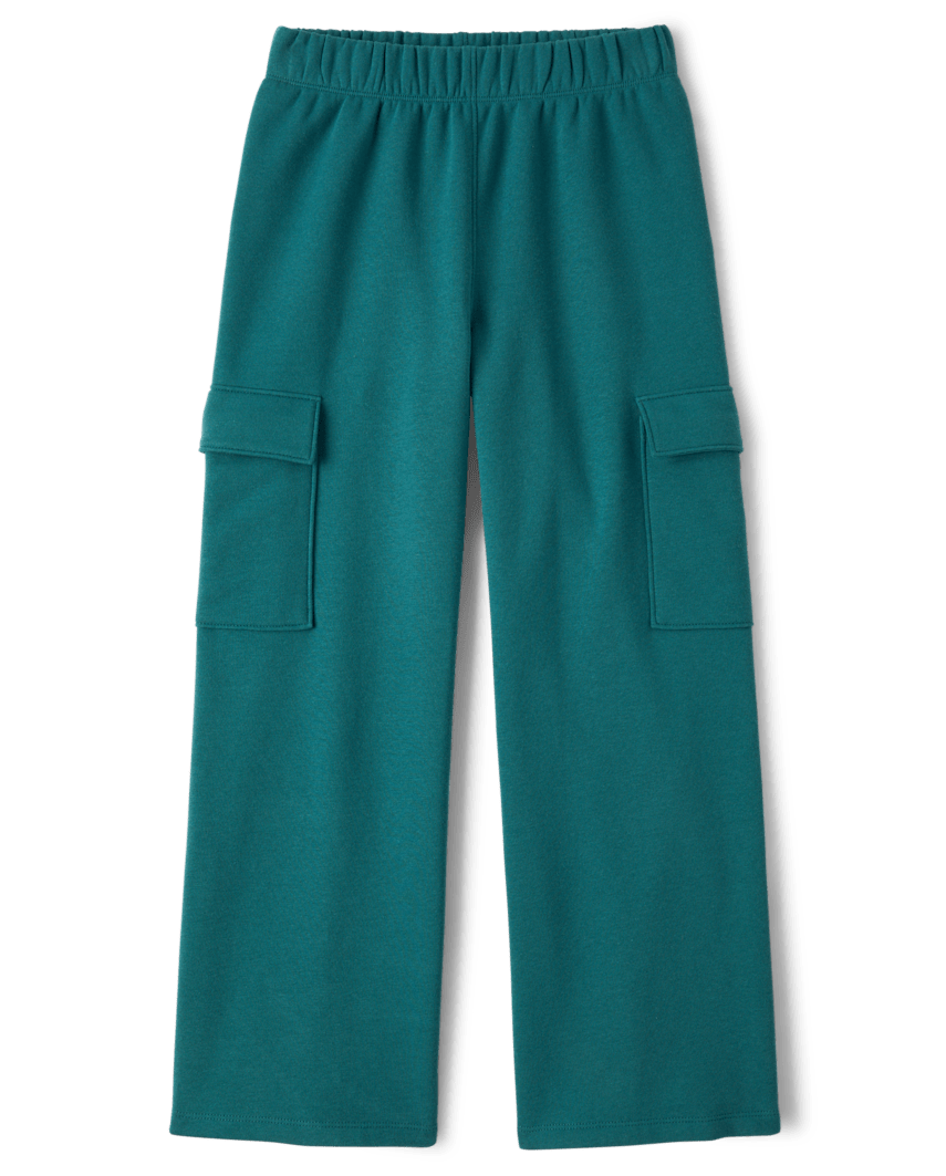 The Children's Place Girls Premium Fleece Wide Leg Cargo Pants | Size Small (5/6) | Green | Cotton/Polyester