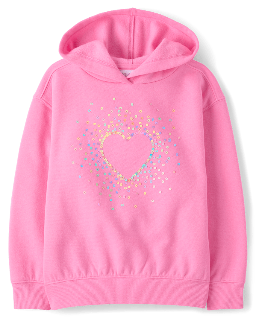 The Children's Place Girls Sequin Icon Premium Fleece Oversized Hoodie | Size 2XL (16) | Pink | Cotton/Polyester/Spandex