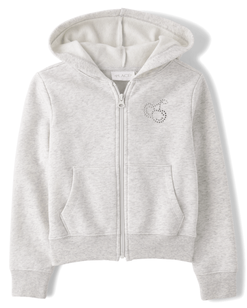 The Children's Place Girls Rhinestone Icon Premium Fleece Zip Up Hoodie | Size 2XL (16) | Gray | Cotton/Polyester/Spandex