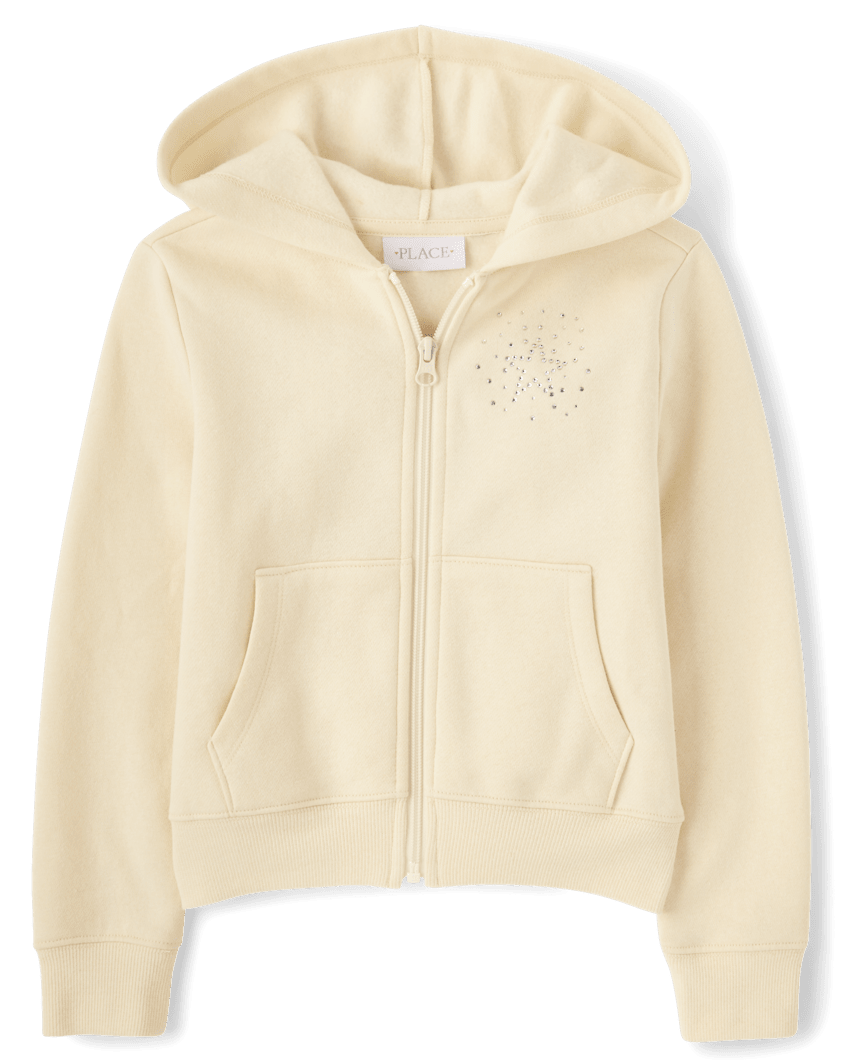 The Children's Place Girls Rhinestone Icon Premium Fleece Zip Up Hoodie | Size 2XL (16) | Cream | Cotton/Polyester/Spandex
