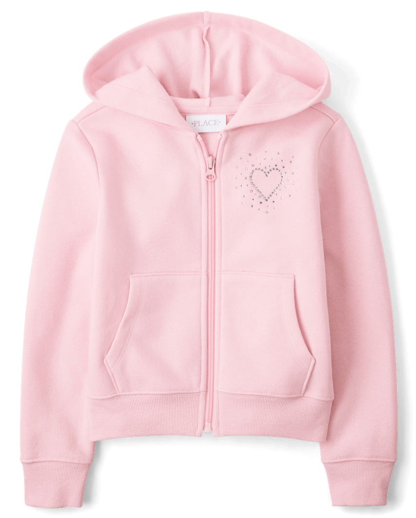 The Children's Place Girls Rhinestone Icon Premium Fleece Zip Up Hoodie | Size 2XL (16) | Pink | Cotton/Polyester/Spandex