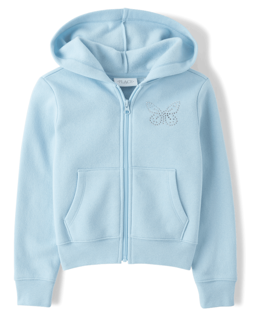The Children's Place Girls Rhinestone Icon Premium Fleece Zip Up Hoodie | Size 2XL (16) | Blue | Cotton/Polyester/Spandex