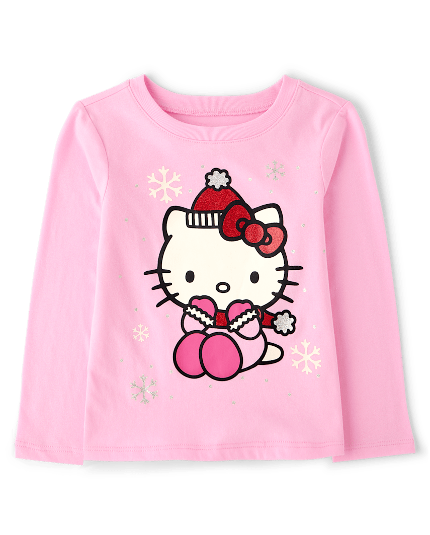 The Children's Place Toddler Girls Hello Kitty® Glitter Snow Graphic T-Shirt | Size 12-18 M | Pink | Cotton/Polyester