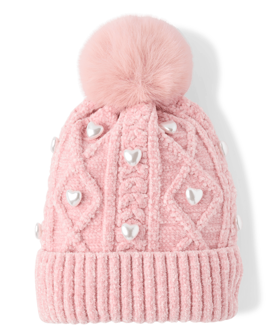 The Children's Place Girls Pearl Cable Knit Pom Pom Beanie | Size 8+ | Pink | 100% Polyester Microfleece