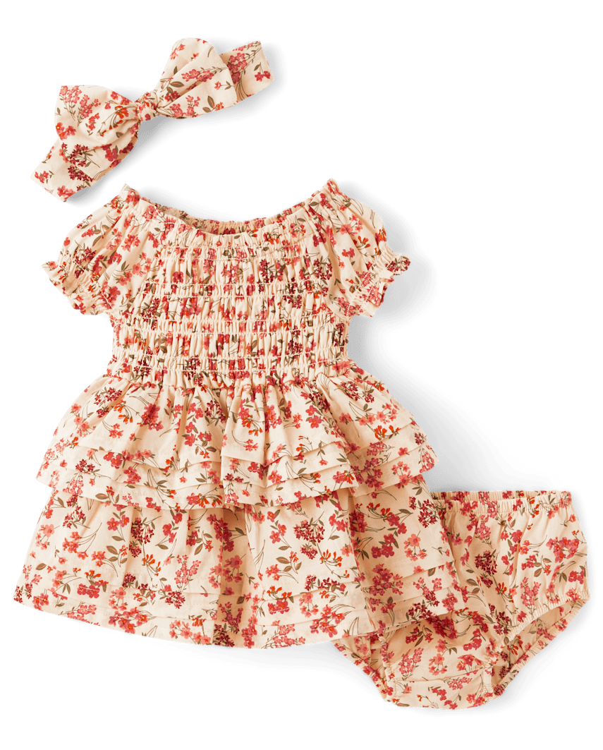 Gymboree | Girls | Floral Pleated Tiered Dress 2-Piece Outfit Set in Cream | Size 0-3